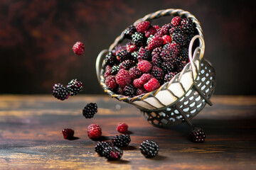 Wall Mural - boysenberries on wooden table