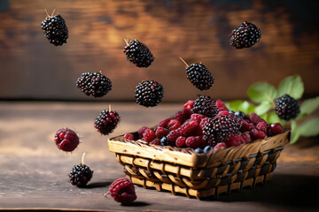 Wall Mural - boysenberries on wooden table