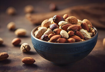 Mix of nuts in a bowl on a brown background