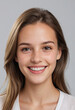 © jarntag - Portrait view of a regular happy smiling Liechtenstein girl, ultra realistic, candid, social media, avatar image, plain solid background