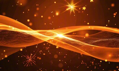 Wall Mural - Digital orange particles wave and light abstract background with shining dots stars