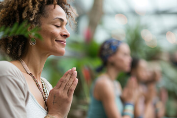 Group of happy smiling mix race people practicing yoga in the botanical garden, surrounded by green tropical plants	