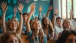© Cozy Art - Young students in a lively classroom, enthusiastically raising their hands