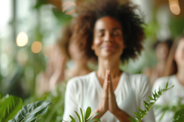 Wall Mural - Group of happy smiling mix race people practicing yoga in the botanical garden, surrounded by green tropical plants