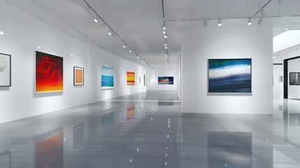 A stylish art gallery with pristine white walls, showcasing a collection of modern paintings, each artwork carefully spotlighted to draw attention.