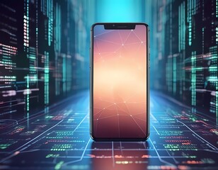 Modern smart phone with empty screen on digital background with program code. Generative ai image
