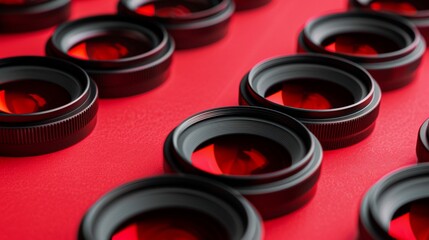 A macro shot of a set of precision-engineered phone camera lenses arranged in a circular pattern on a matte red surface