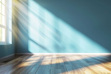 Wall Mural - Empty Room with Turquoise Wall and Wooden Floor in Sunlight. Room Interior Background for Product Presentation