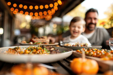 Wall Mural -  Family having a meal outdoors, table setting with pumpkins and autumn decoration