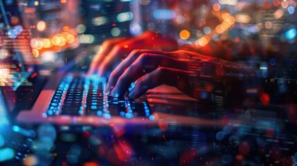 Hands Typing on a Laptop Keyboard with a City Lights Background