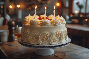 Elegantly decorated birthday cake with creamy white icing sculpted into roses, topped with swirls and lit candles, set against a cozy, warmly lit cafe backdrop