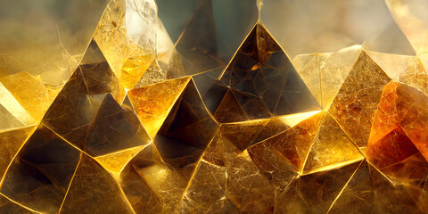 3d render of abstract art of surreal 3d background with triangles pyramids in different sizes in rough shine bright glowing gold material texture with scratched surface in yellow gold and brown color