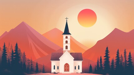 Sticker - Church In The Mountains at Sunset.