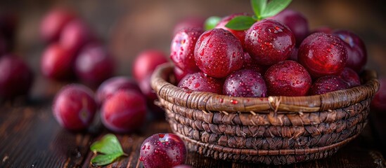 Poster - Fresh Red Plums in a Wicker Basket on a Wooden Table