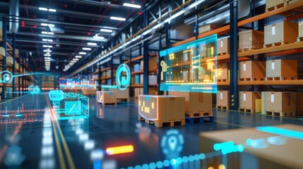 Manufacturing  Machine learning Digitalization Visualization  A futuristic warehouse with towering shelves filled with boxes