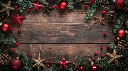 Wall Mural - Homemade festive frame with decorations on wooden background for text Christmas and New Year celebration concept Top view