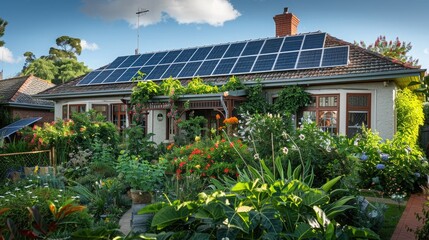 A suburban bungalow with a lush garden, its traditional facade complemented by modern solar panels, showcasing a blend of old and new technologies.