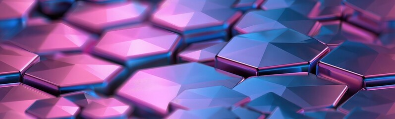 Wall Mural - Futuristic hexagonal geometric shapes glowing with vibrant blue and pink neon lights