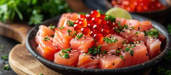 Poster - Fresh Salmon Poke Bowl with Sesame Seeds and Tobiko