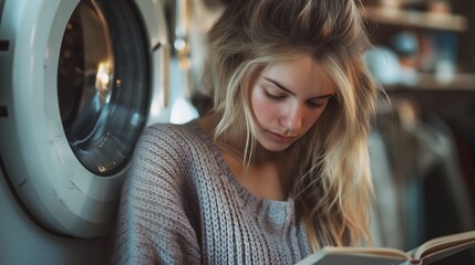 Woman reading a book in a cozy laundry room.