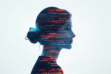 Double exposure silhouette of a businesswoman overlaid with digital data streams, symbolizing digital transformation in business