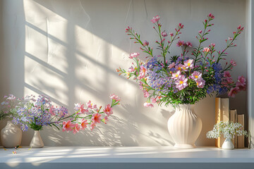 Wall Mural - The elegant vases with a mix of colorful flowers on a windowsill, beautifully lit by natural sunlight creating playful shadows