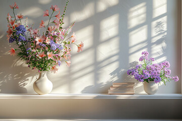 Wall Mural - Two elegant vases on a sunlit window sill display vibrant flowers, casting gentle shadows, evoking tranquility and natural beauty