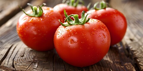 Wall Mural - Four ripe red tomatoes sitting on a wooden table. The tomatoes are shiny and wet, indicating that they have been recently picked. Concept of freshness and abundance, as the tomatoes are ripe