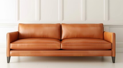 Wall Mural - A tan leather couch is sitting in front of a white wall