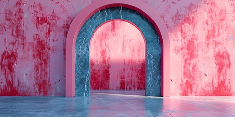 Wall Mural - A pink and blue archway with a marble floor. The archway is the main focus of the image, and the pink and blue colors create a sense of contrast and visual interest