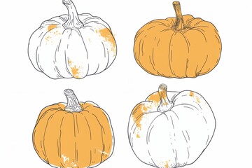 Wall Mural - Outline drawing collection pumpkins in various sizes and positions. The drawing is in a yellow color scheme and has a warm, autumnal feel