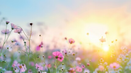 Wall Mural - A field of flowers with a bright sun in the background