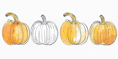 Wall Mural - Line art ink of different types of pumpkins in various sizes and positions. The drawing conveys a sense of variety and diversity in the types of pumpkins