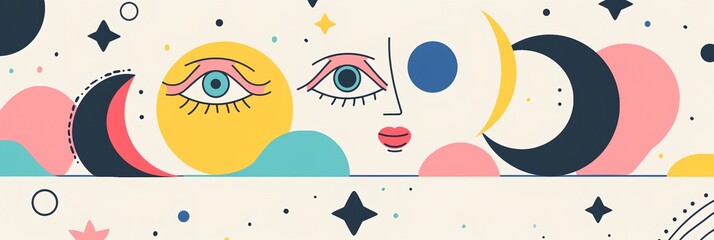 Wall Mural - A colorful, abstract design of a face with a sun and moon in the background