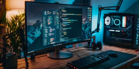 A computer monitor with a mountain background and a keyboard and mouse on a desk. The computer is turned on and the monitor is displaying code