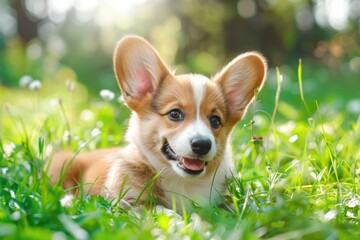 Pembroke Welsh Corgi Puppy Playing in Beautiful Green Summer Grass