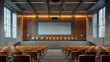 © Aliaksandra - modern university lecture hall with rows of seats and projector screen, showcasing academic interior design perfect for a back-to-school banner idea