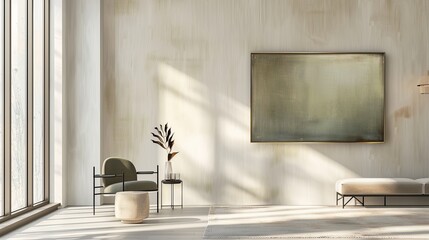 Wall Mural - An elegantly designed living room in neutral shades, featuring large windows that flood the space with natural light, complemented by minimalistic decor and stylish furniture.