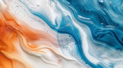 Wall Mural - A vibrant abstract image featuring fluid waves of orange, blue, and white with glittering accents, blending smoothly in an organic, artistic flow.