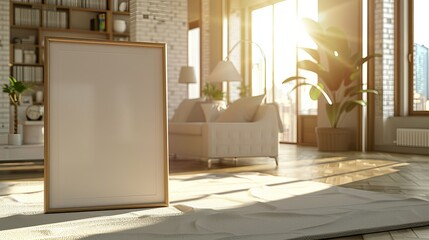 Wall Mural - A sunlit living room featuring a blank frame, white sofa, modern furniture, and green plants, creating a warm and cozy ambiance.