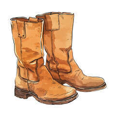 Illustrated brown leather boots, rustic and stylish footwear, perfect for outdoor adventures and casual wear isolated on white or transparent png background