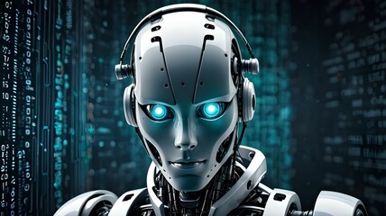 Cyberpunk robot on digital code background