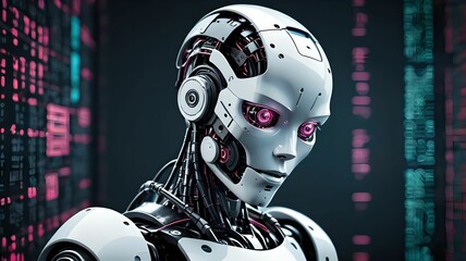 Cyberpunk robot on digital code background