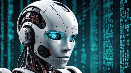 Cyberpunk robot on digital code background