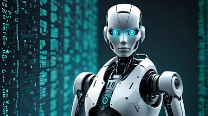 Cyberpunk robot on digital code background