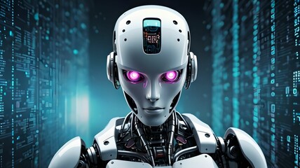 Cyberpunk robot on digital code background