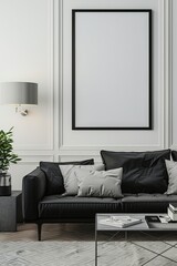 Canvas Print - An elegant modern living room with a sleek black sofa adorned with comfy pillows, complemented by a minimalistic wall frame, exuding sophistication.