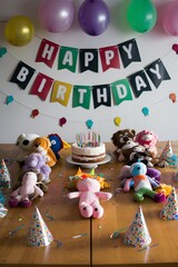 Festive birthday table with plush toys and decorations