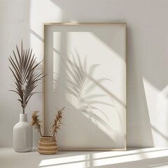 Poster - A minimalist scene featuring a blank picture frame, palm leaf shadows, and vases arranged in soft, natural light.