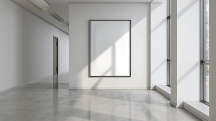 Poster - A sterile and sleek modern hallway with floor-to-ceiling windows, featuring a large, empty black photo frame on a pristine white wall, with ample natural light.